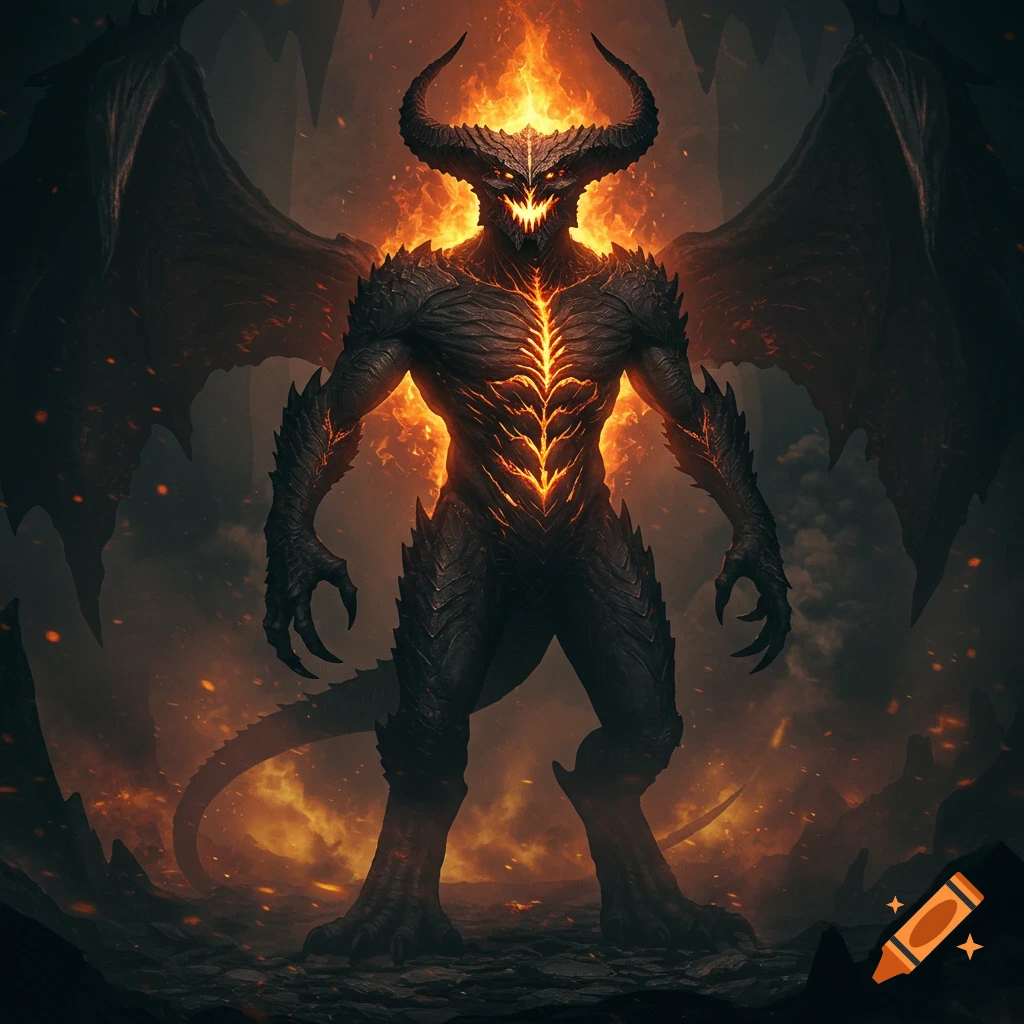 A large, horned demon with wings and glowing chest stands in a fiery, rocky landscape.