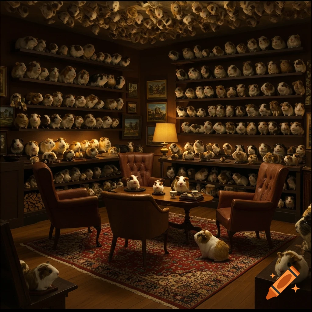 A dimly lit living room filled with shelves and furniture covered in taxidermy guinea pigs. A rug and chairs are in the center.