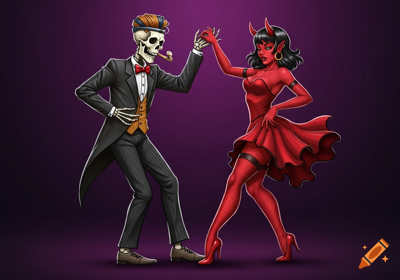 Illustration of a skeleton in a suit dancing with a devil woman in a red dress and fishnets.