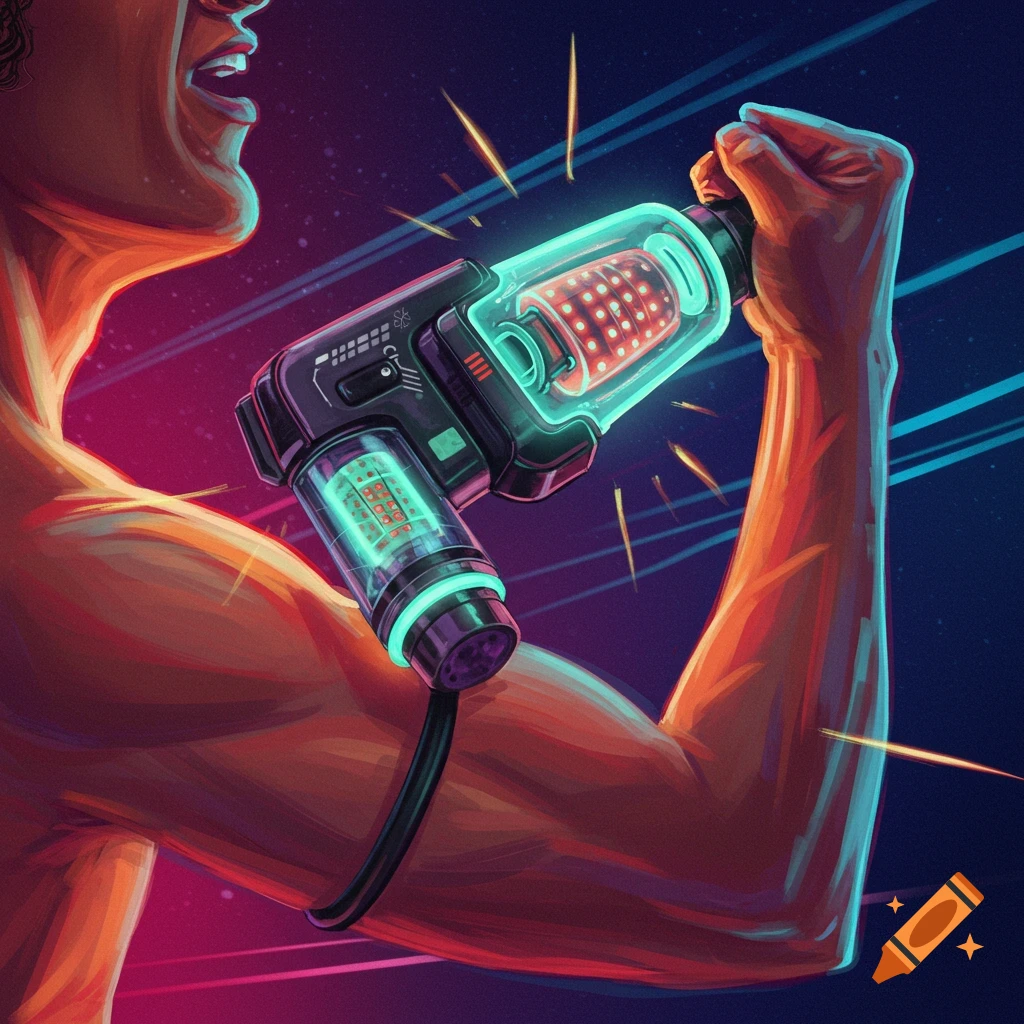 A person's arm holding a futuristic device attached to it, glowing with energy.
