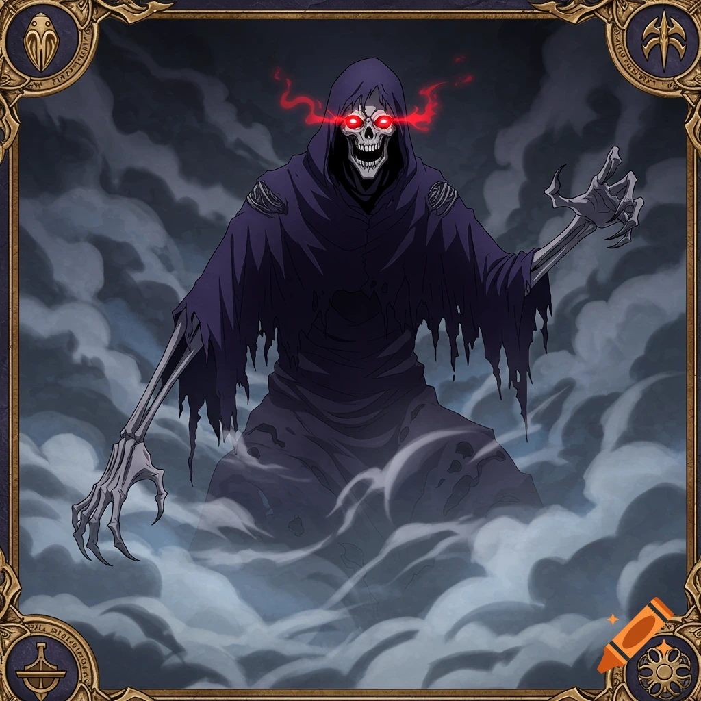Anime illustration of a skeletal wraith with glowing red eyes emerging from mist, framed by an ornate border.