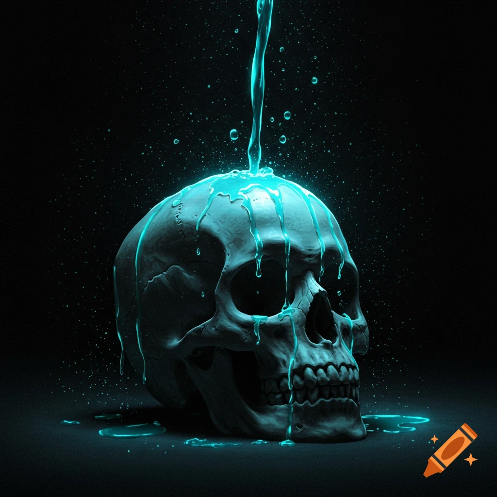 Digital art of a skull with glowing blue liquid pouring on it.
