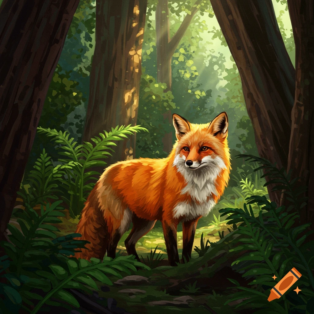 A red fox standing in a forest.