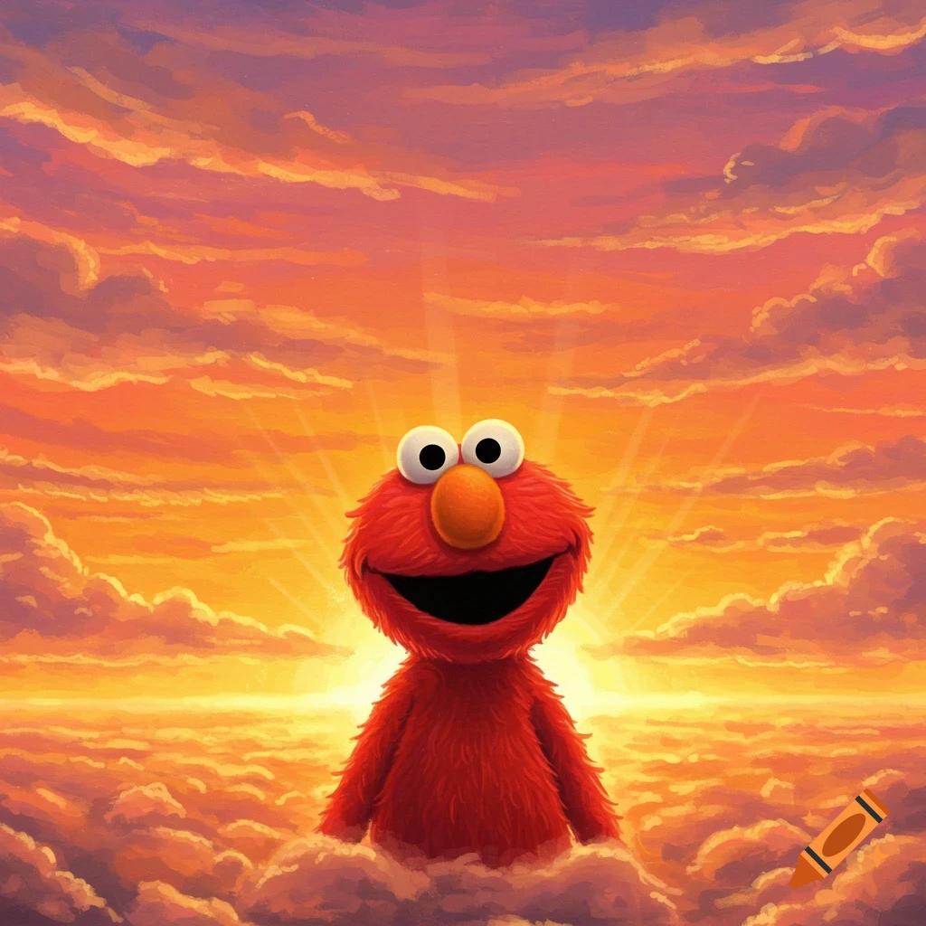 Elmo stands among clouds bathed in the warm light of a sunrise.