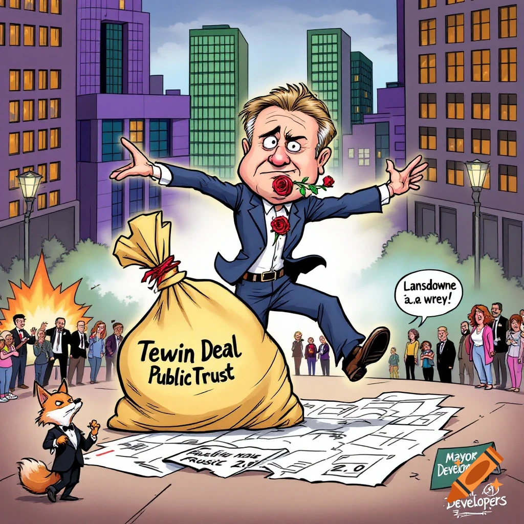 A cartoon of a man in a suit dancing with a large money bag labeled "Tewin Deal Public Trust", stepping on papers.