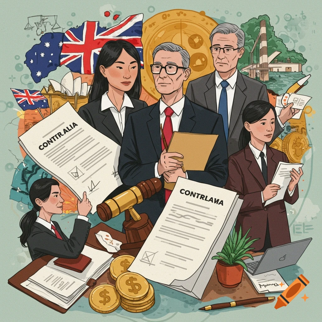 Digital illustration of people in business attire with legal documents, Australian flag, and coins.