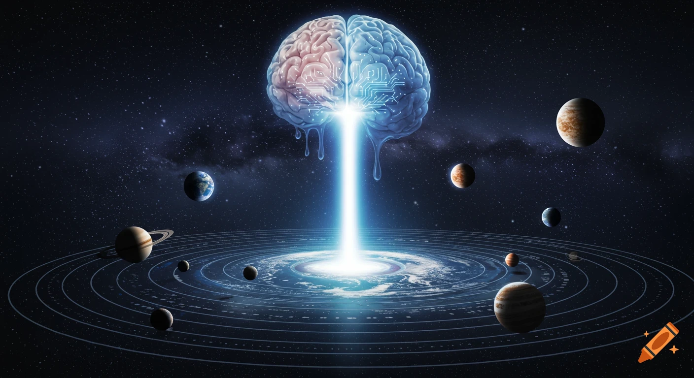 A surreal brain with circuitry above an energy beam originating from Earth and swirling galaxy, surrounded by planets in space.