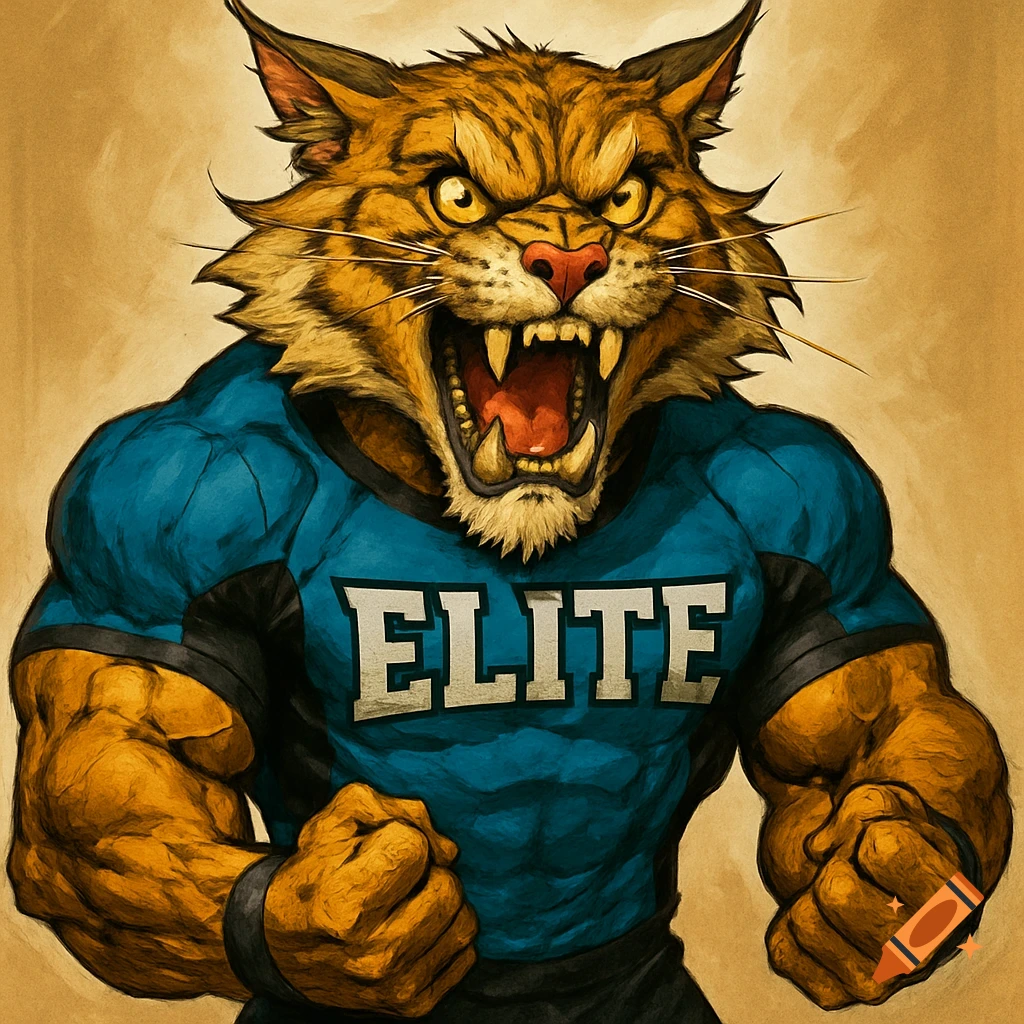 A muscular wild cat mascot wearing a blue jersey with 'ELITE' printed on it.