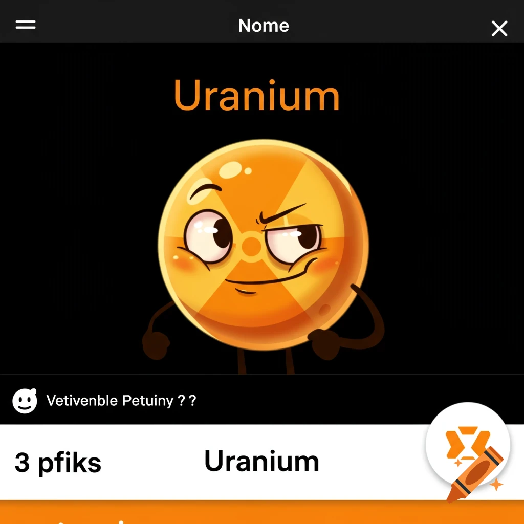 Cartoon character of uranium with radiation symbol, looking sly, against black background