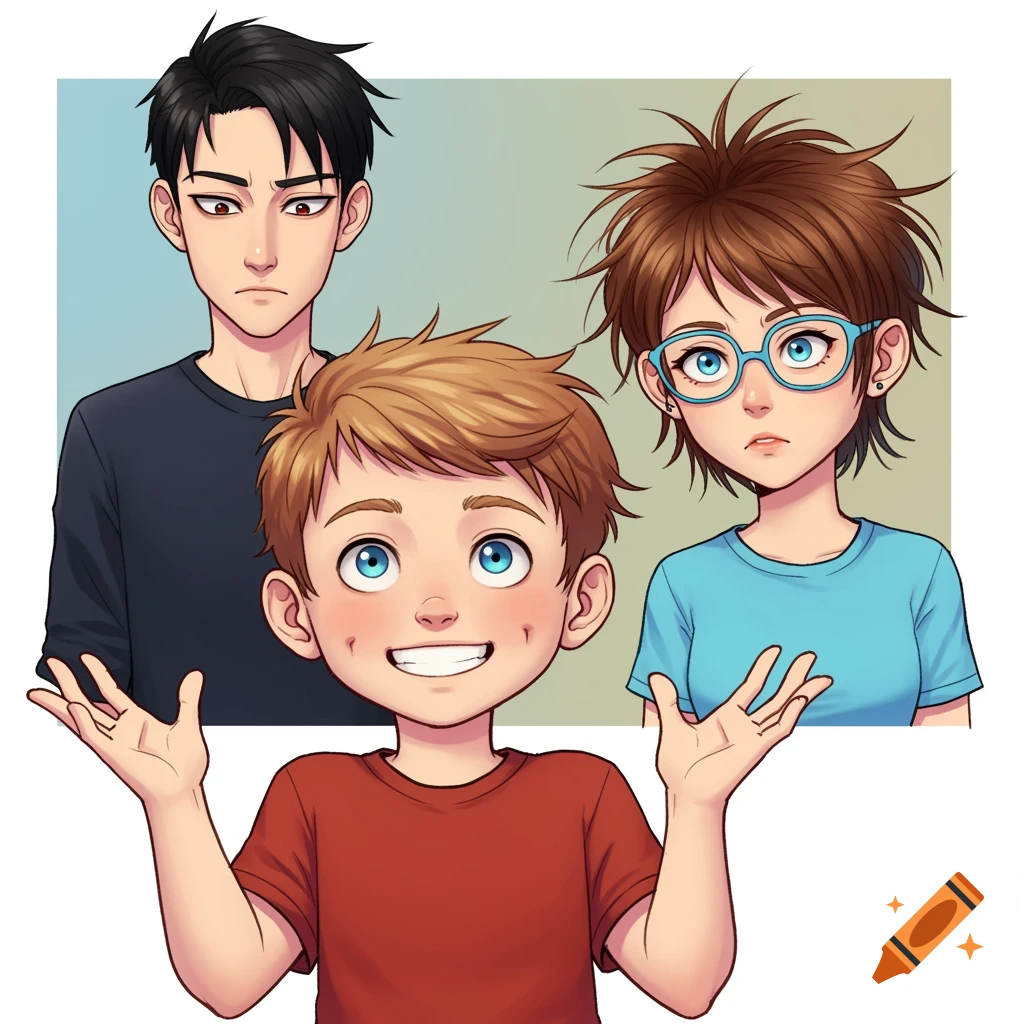 Anime drawing of three young people, a boy with hands raised in the foreground, and a boy and girl behind him.