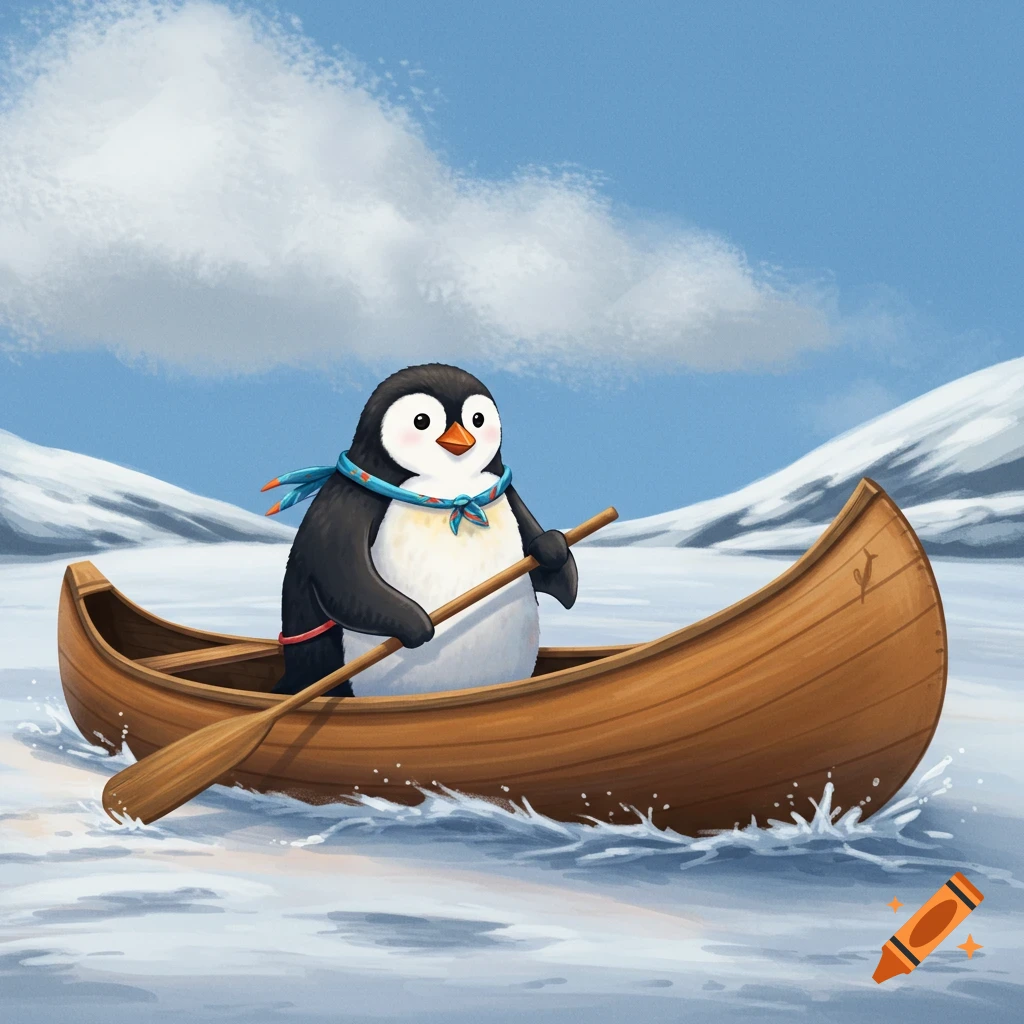 A cartoon penguin paddles a wooden canoe through icy water in a snowy landscape.
