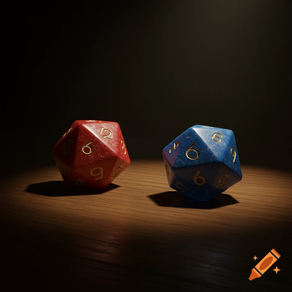Two red and blue D20 dice sit on a wooden table with dramatic lighting.