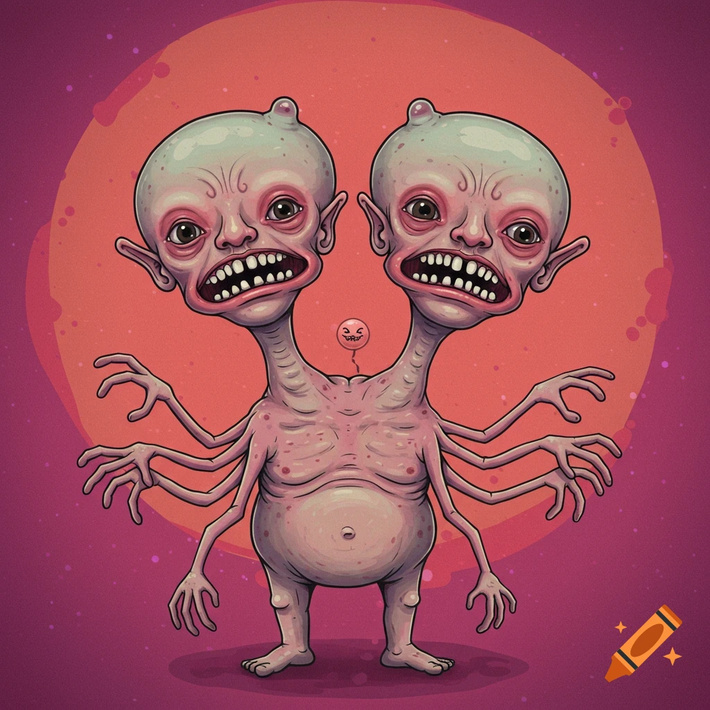 A digital illustration of a grotesque two-headed pink alien creature with multiple arms and teeth, standing against a red circle background.
