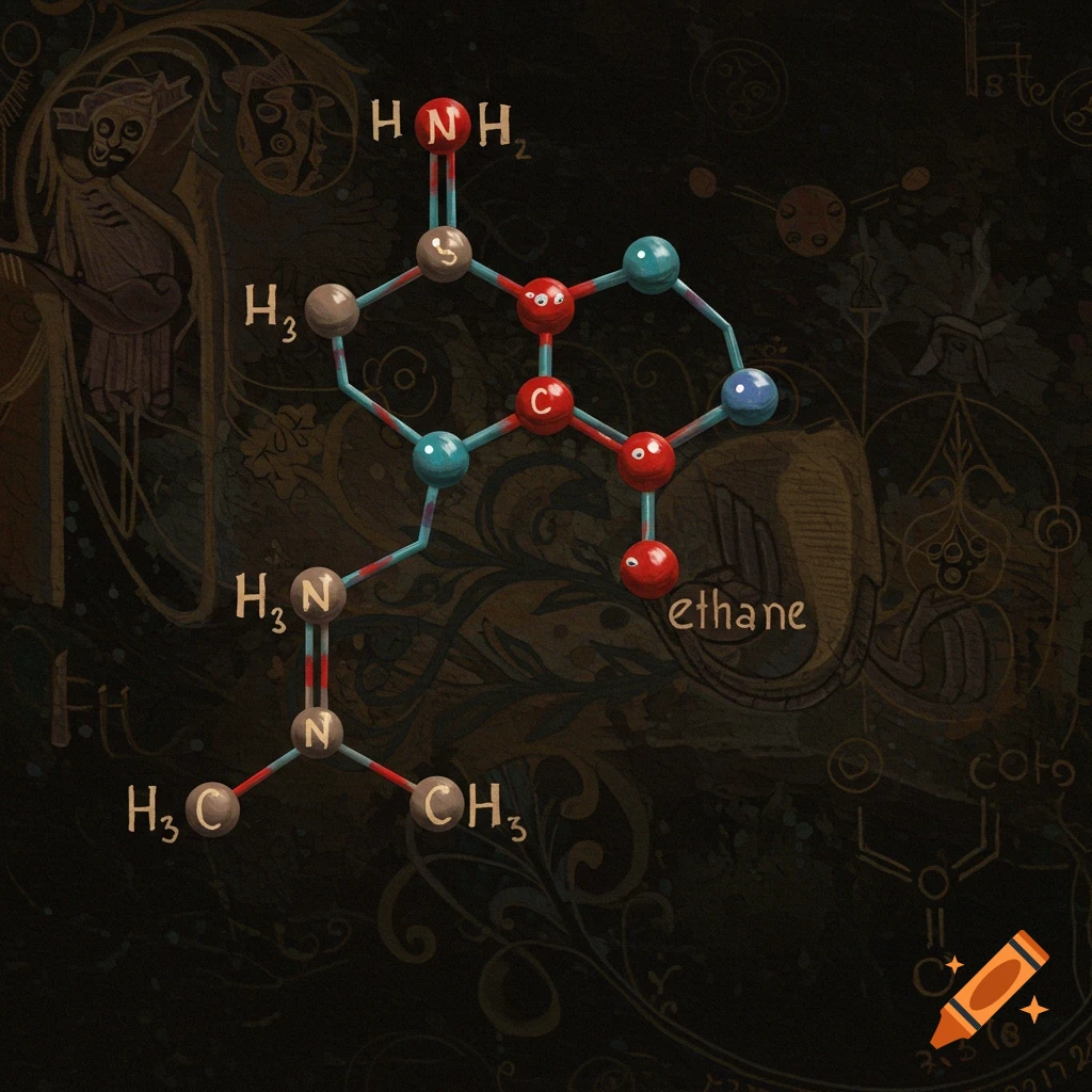 An image in a dark ages art style shows a colorful molecular structure with labels against a dark, patterned background.