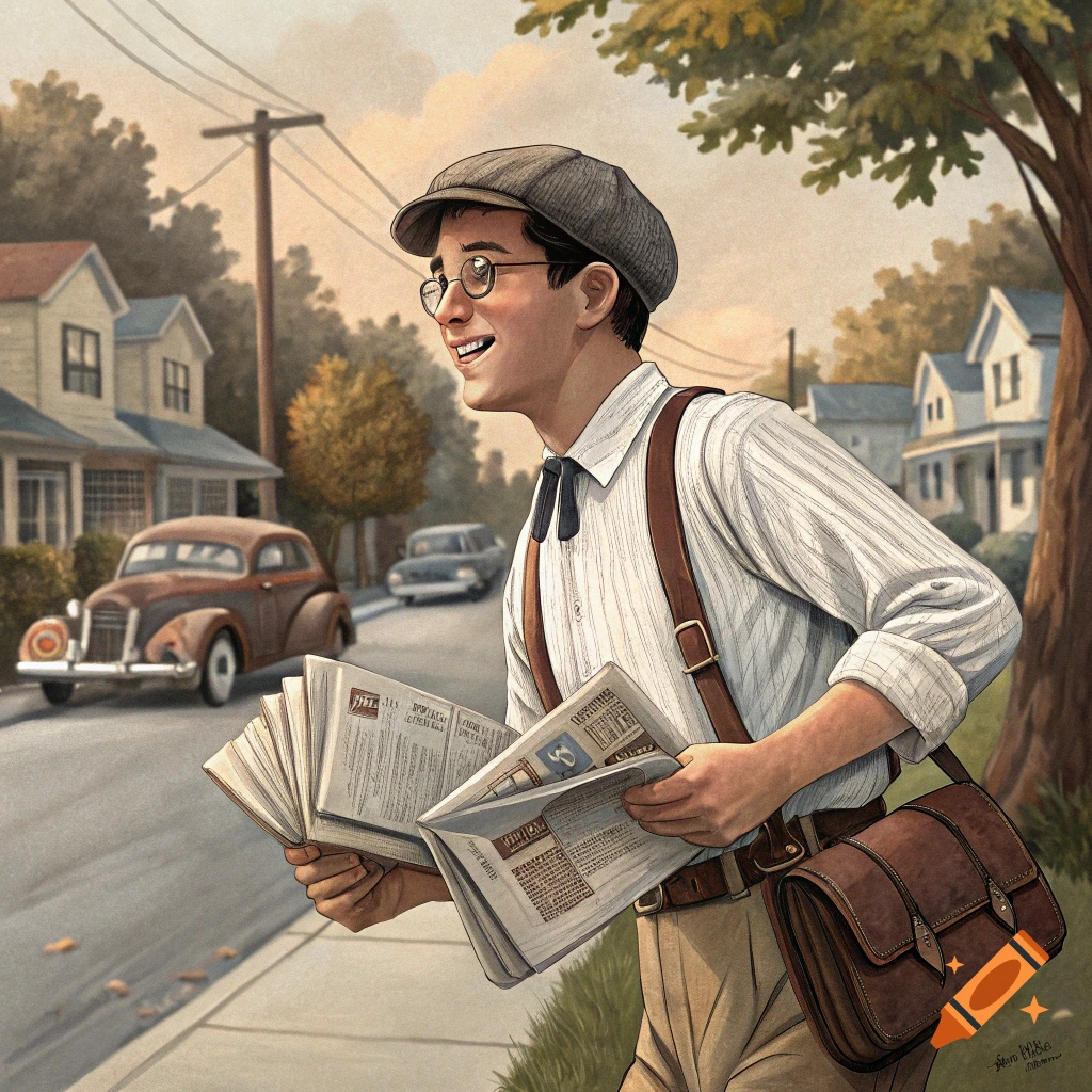 A smiling paperboy walks down a street with newspapers, vintage cars in background.