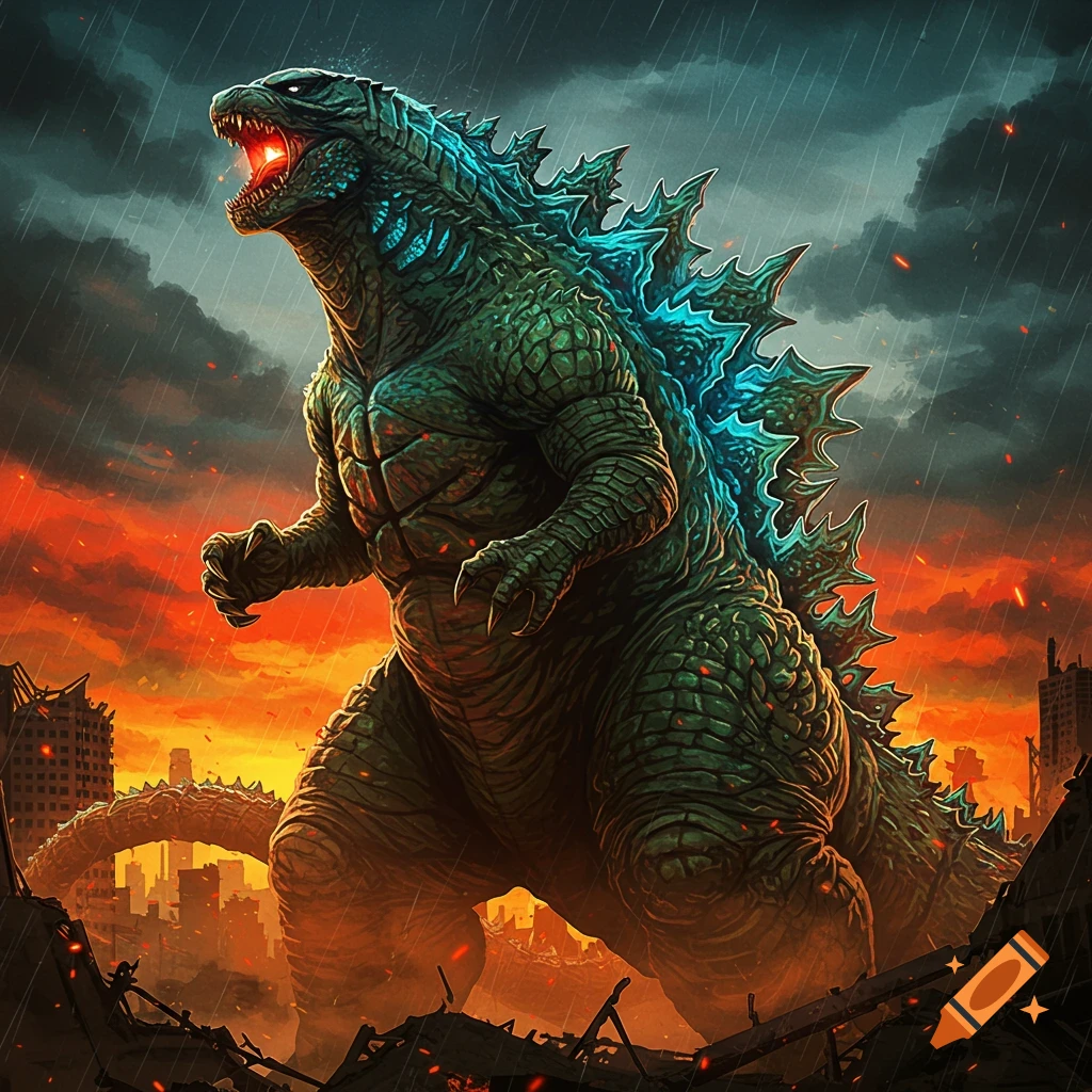 A powerful image of Godzilla roaring in a ruined city during a stormy sunset.
