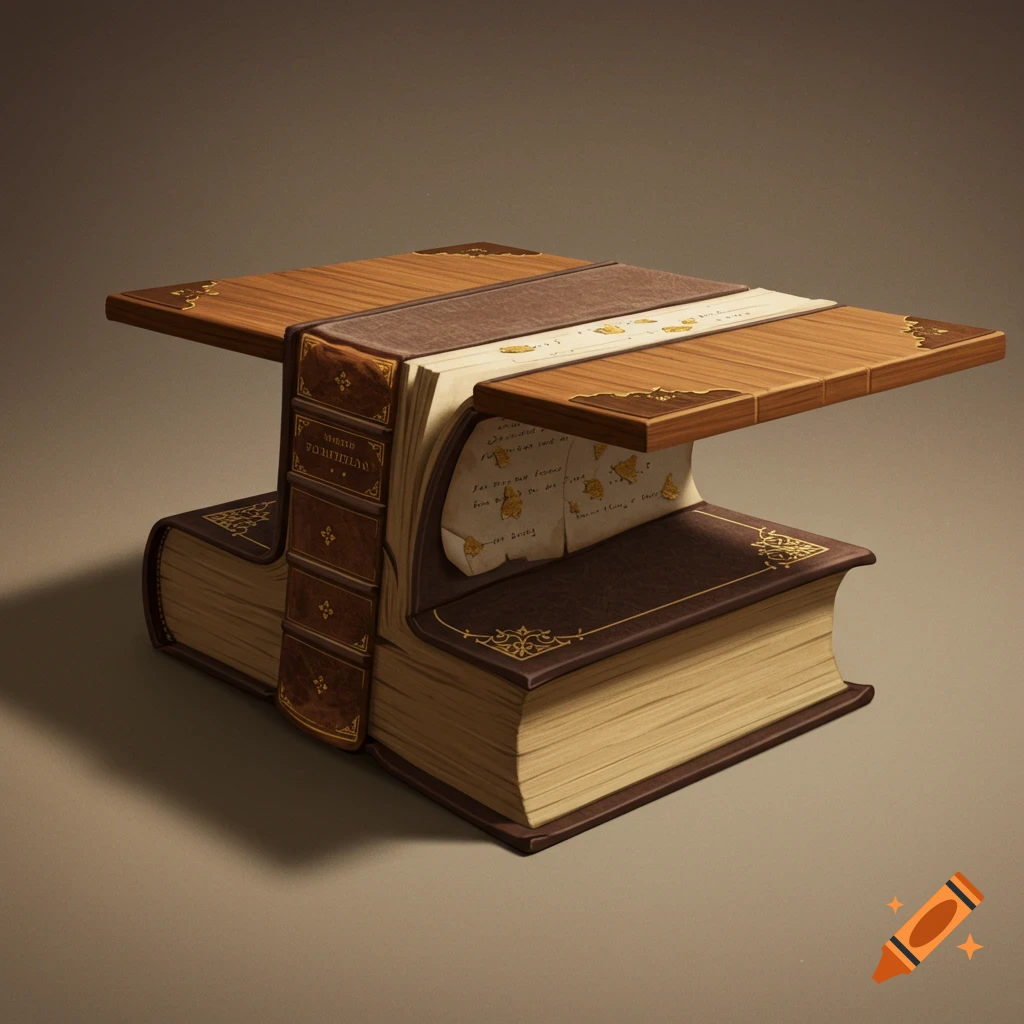 A table constructed from large, stacked books with a wooden surface.