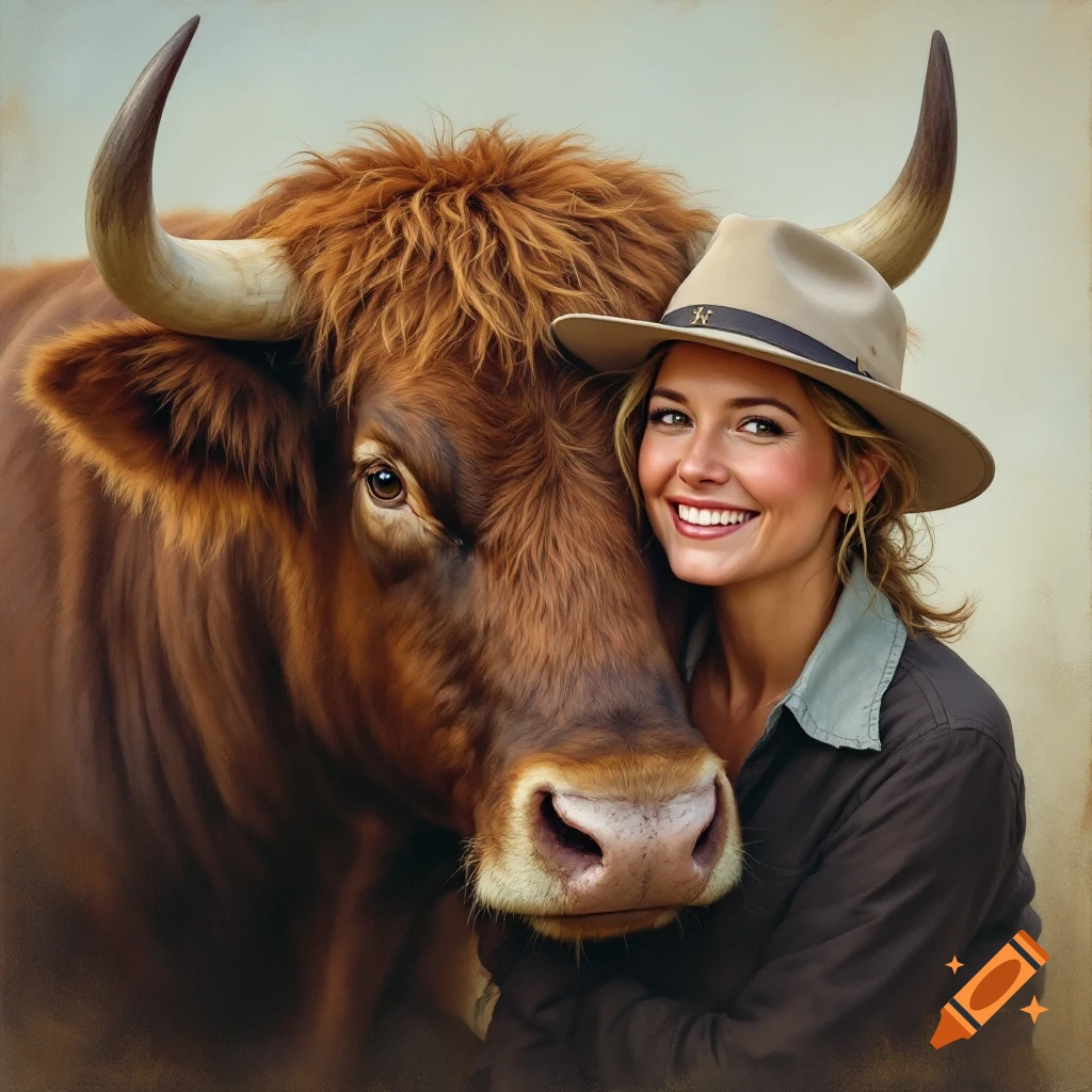 Smiling woman in a hat poses closely with a large brown bull.
