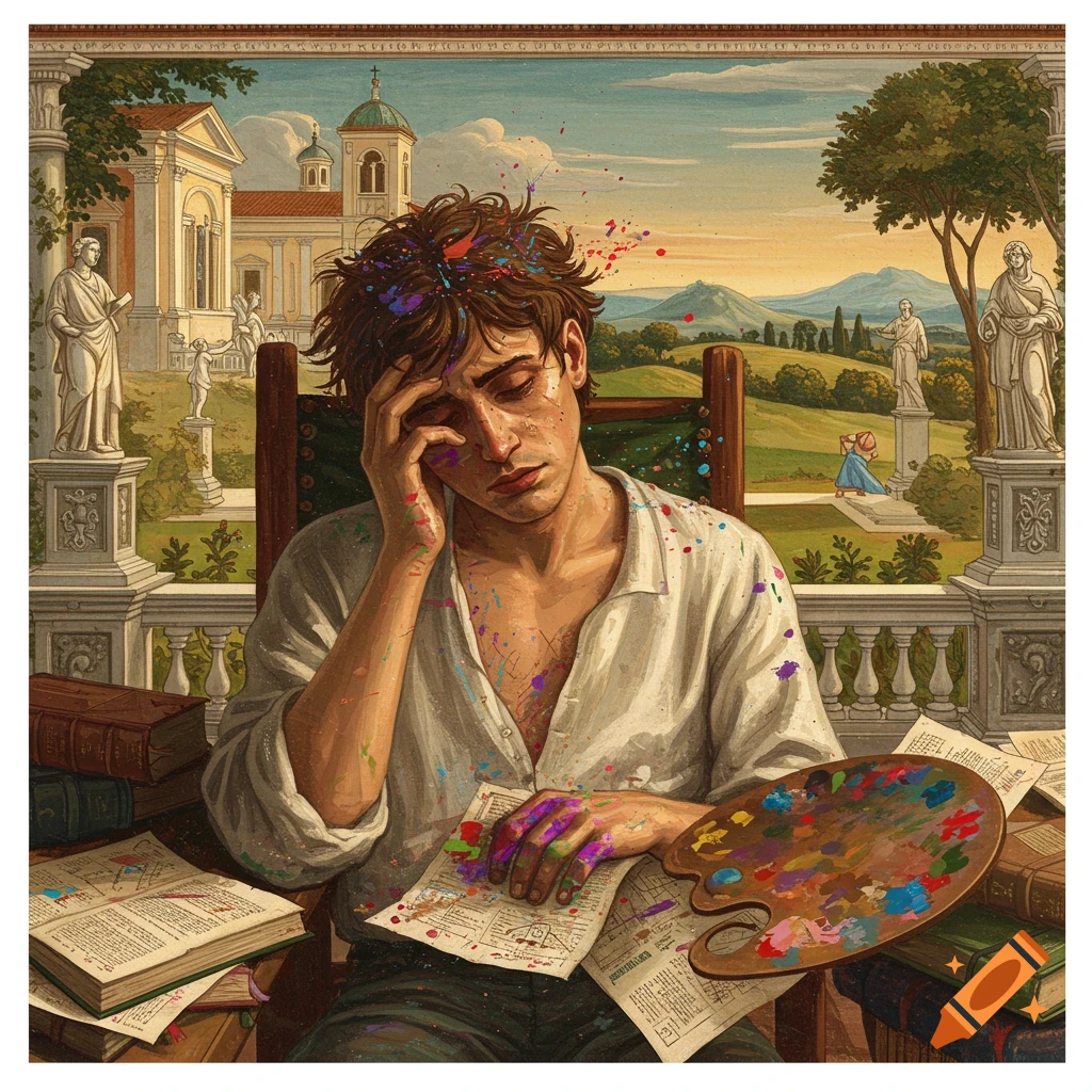 A person covered in paint sits among books and a palette, with Italian architecture and landscape in the background.