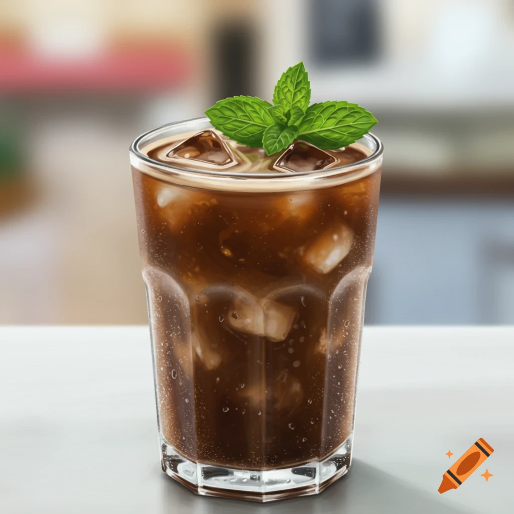 An iced drink with ice cubes and mint leaves in a glass.