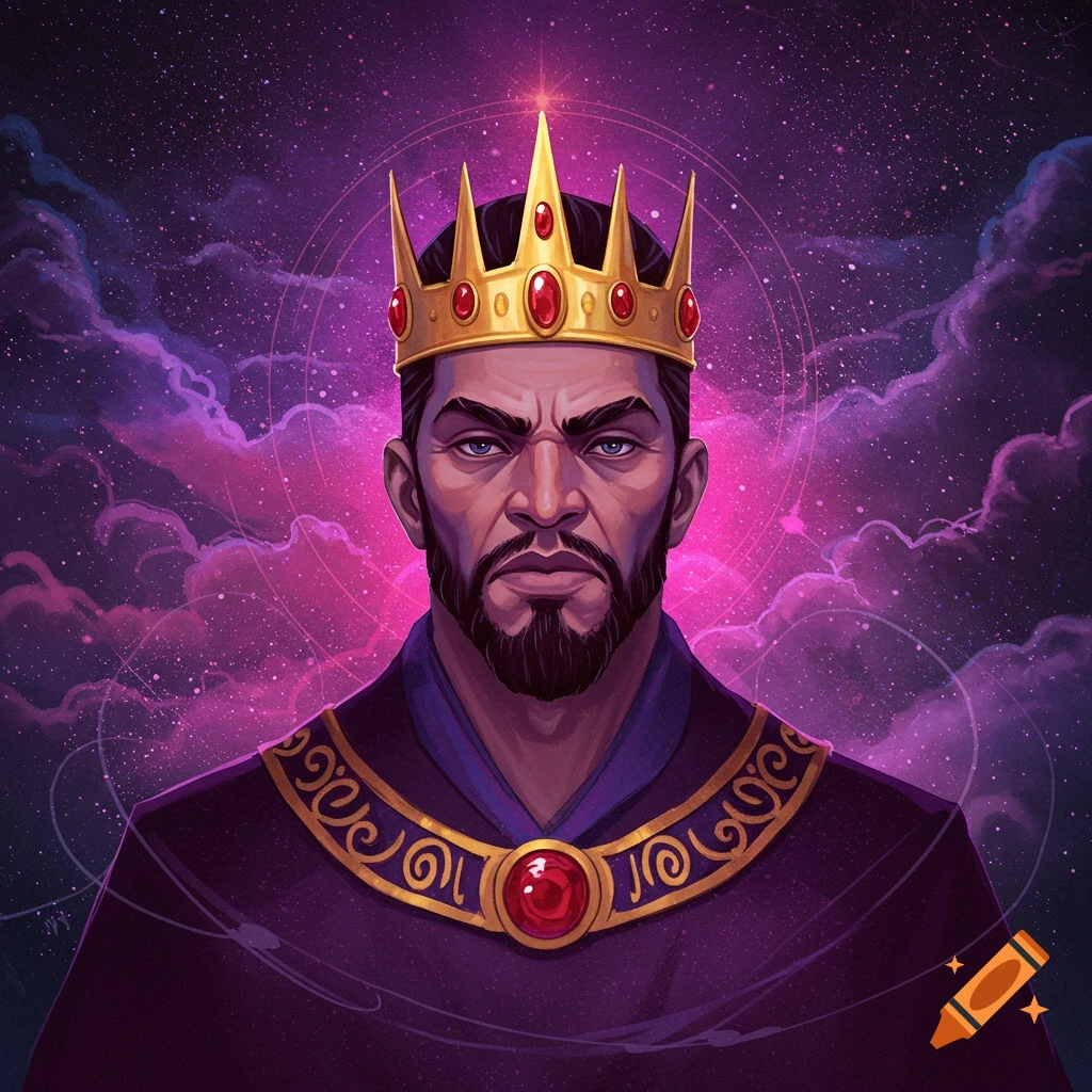 A king with a gold crown against a cosmic background.