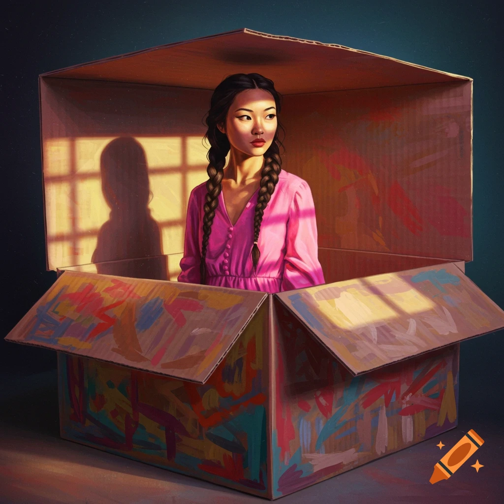 A woman with braided hair in a pink dress is standing inside a large, painted cardboard box.