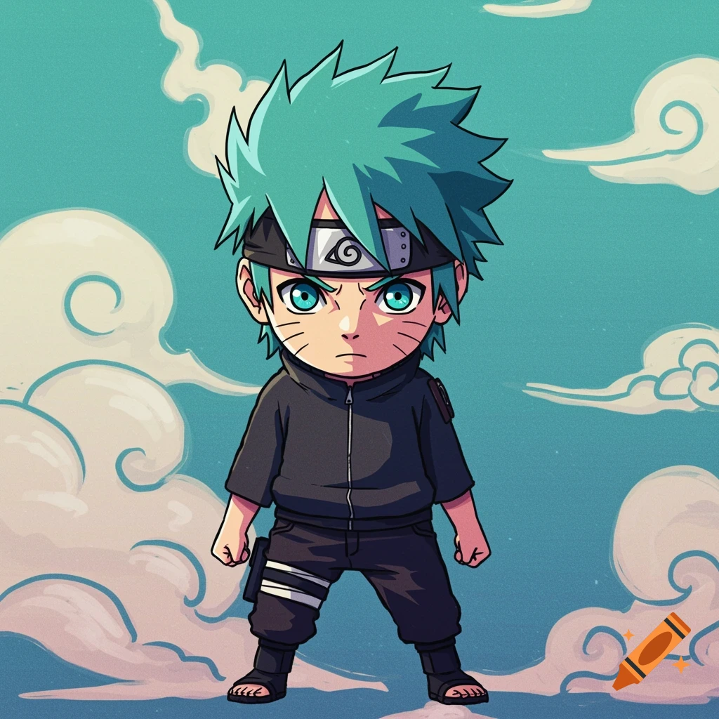 Chibi anime boy with blue hair and ninja headband stands against swirling clouds.