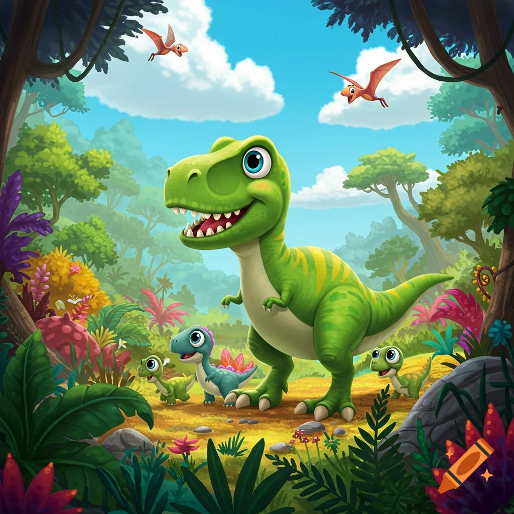 A happy green cartoon T-Rex and baby dinosaurs in a jungle with flying pterodactyls.