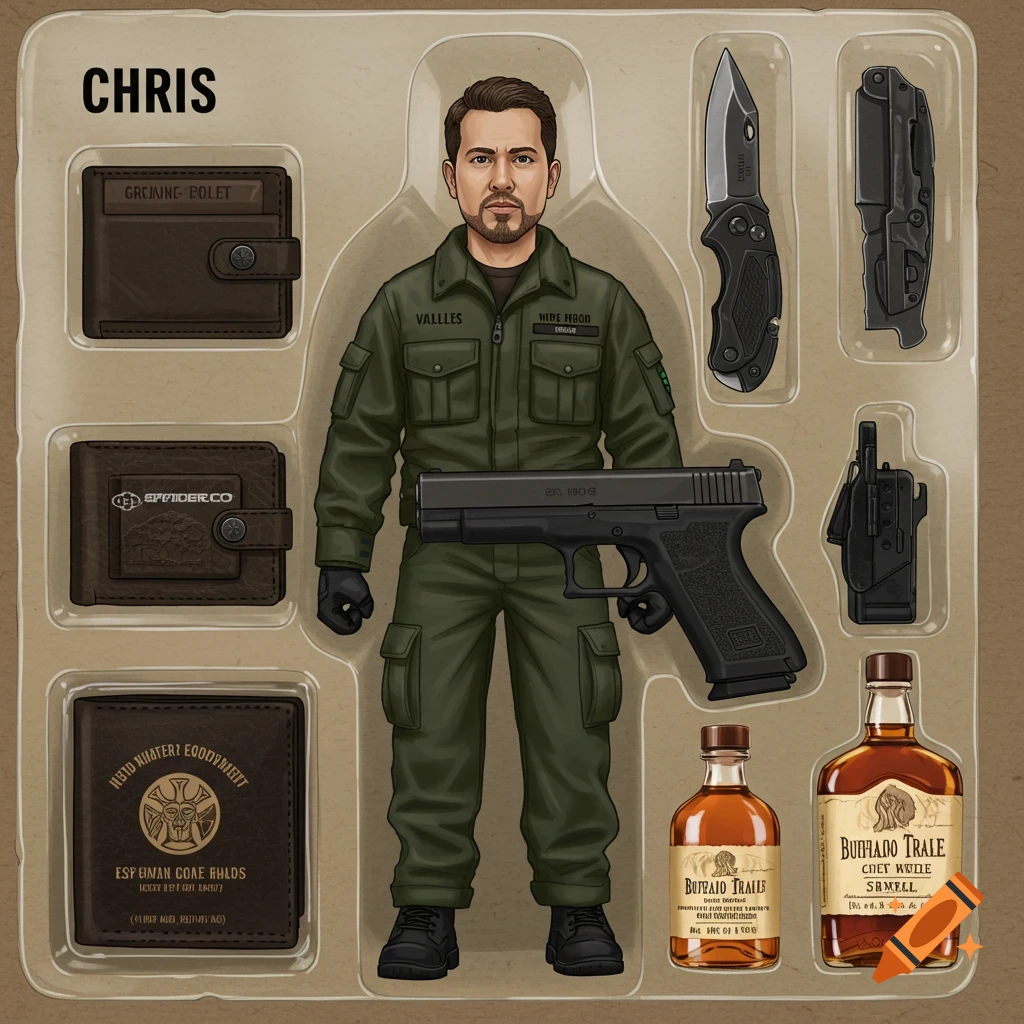 A Chris action figure is presented in blister packaging, accompanied by several accessories: wallets, a knife, a gun, and whiskey bottles.