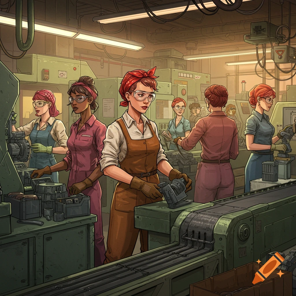 Women working on machinery in a factory.