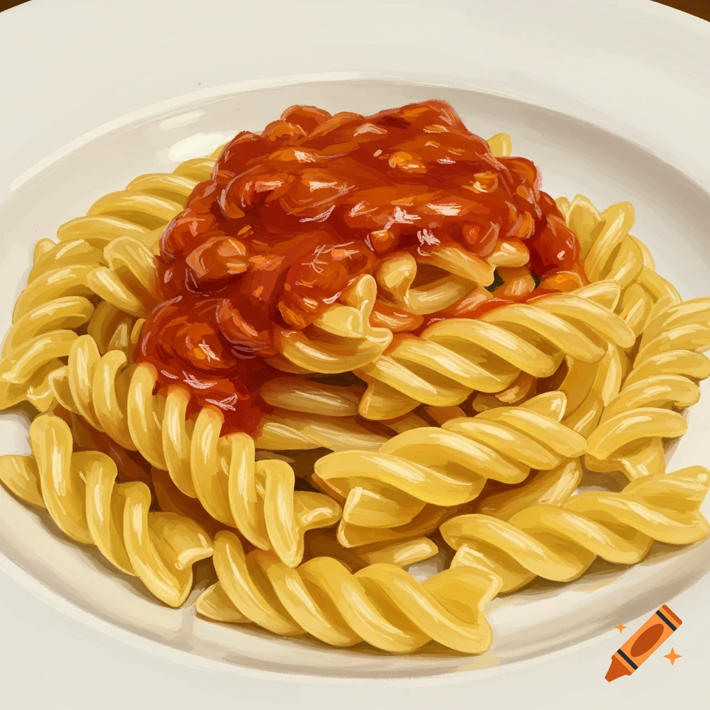 Fusilli pasta topped with red sauce on a white plate.