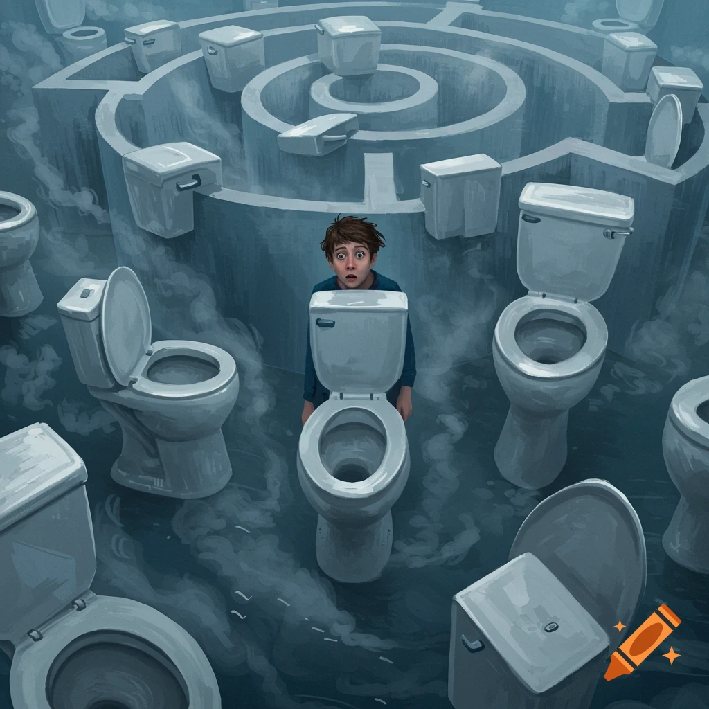 A scared person stands among many toilets in a misty maze.