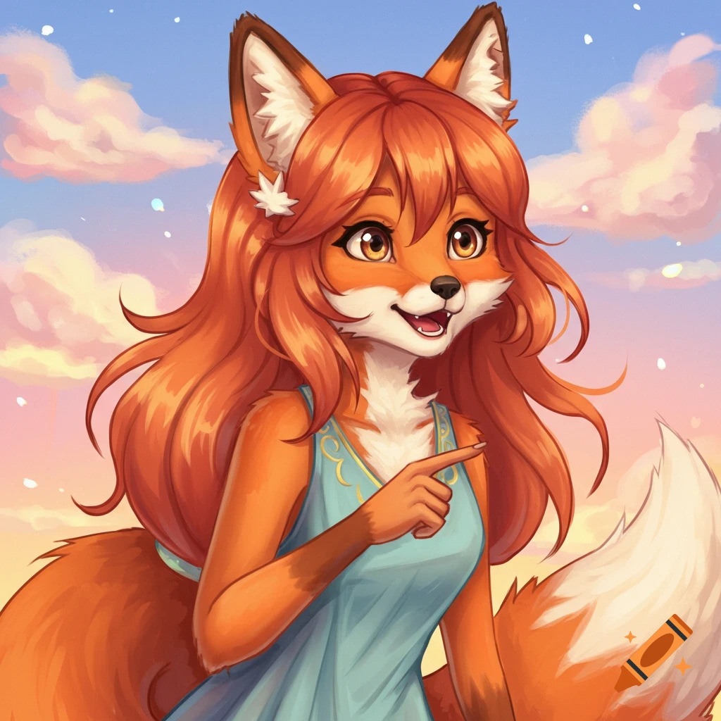 An anthropomorphic fox girl with long orange hair is pointing, against a cloudy sky.