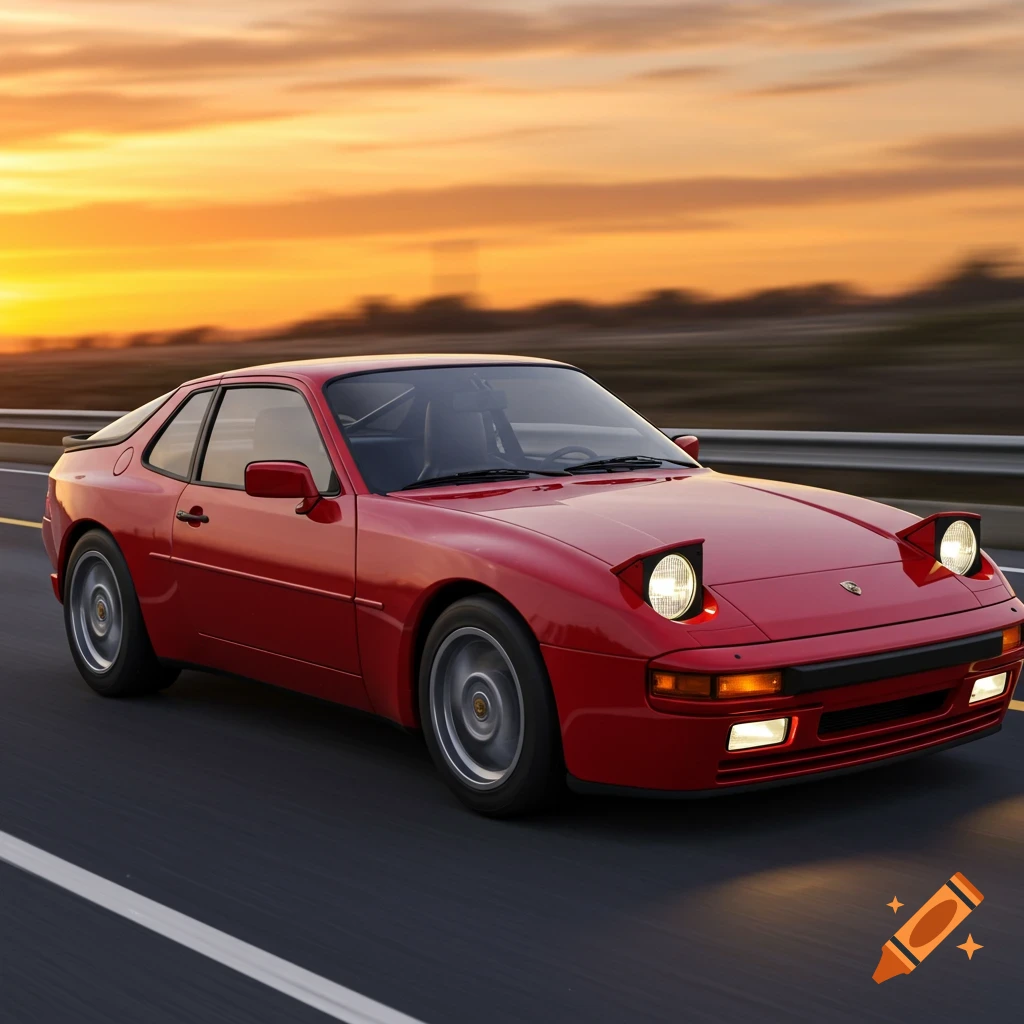 A red Porsche 944 drives on a road at sunset.