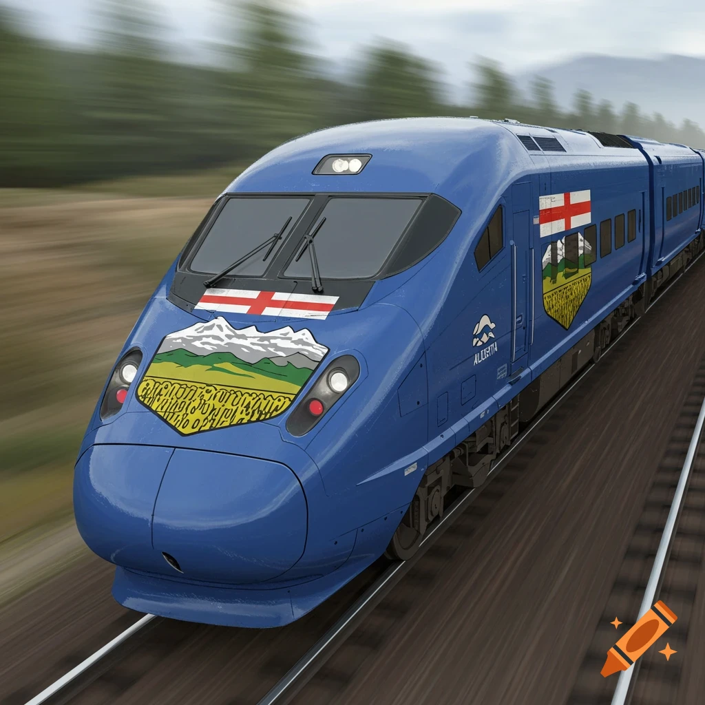 A blue high-speed train wrapped in the Alberta provincial flag speeds through a landscape.