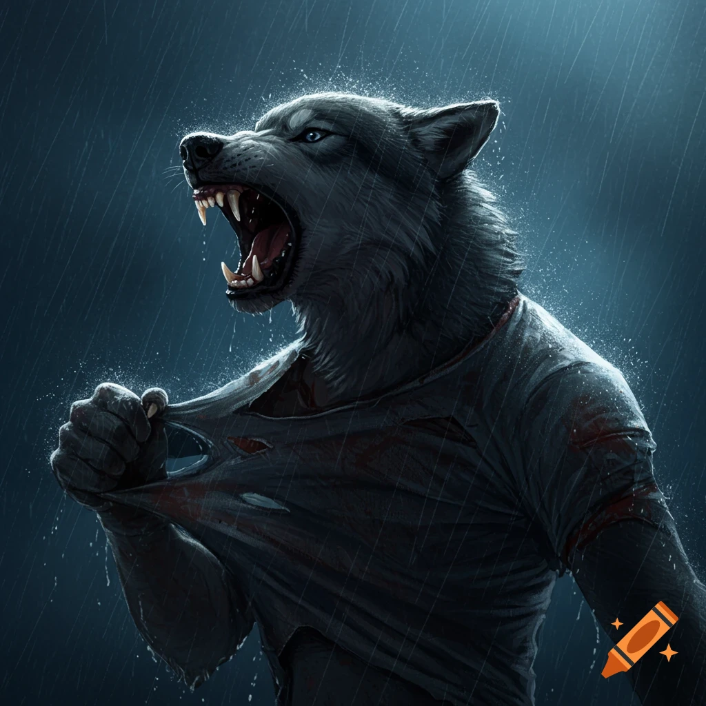 A screaming werewolf ripping its shirt in the rain
