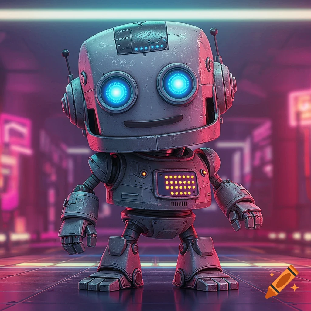 A small metal robot with glowing blue eyes stands in a neon futuristic corridor.
