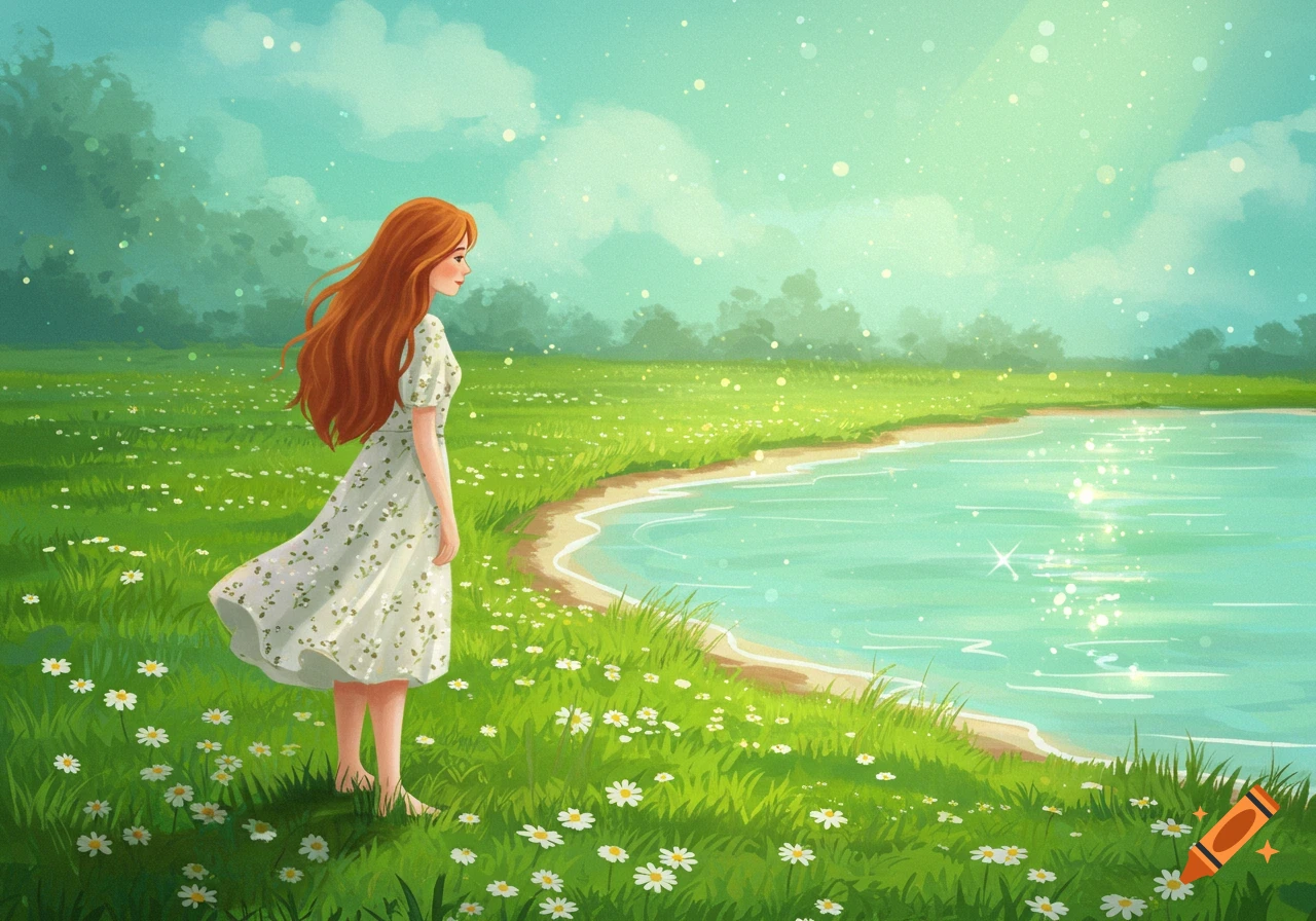 A girl in a field of daisies looking at a sparkling lake shore.
