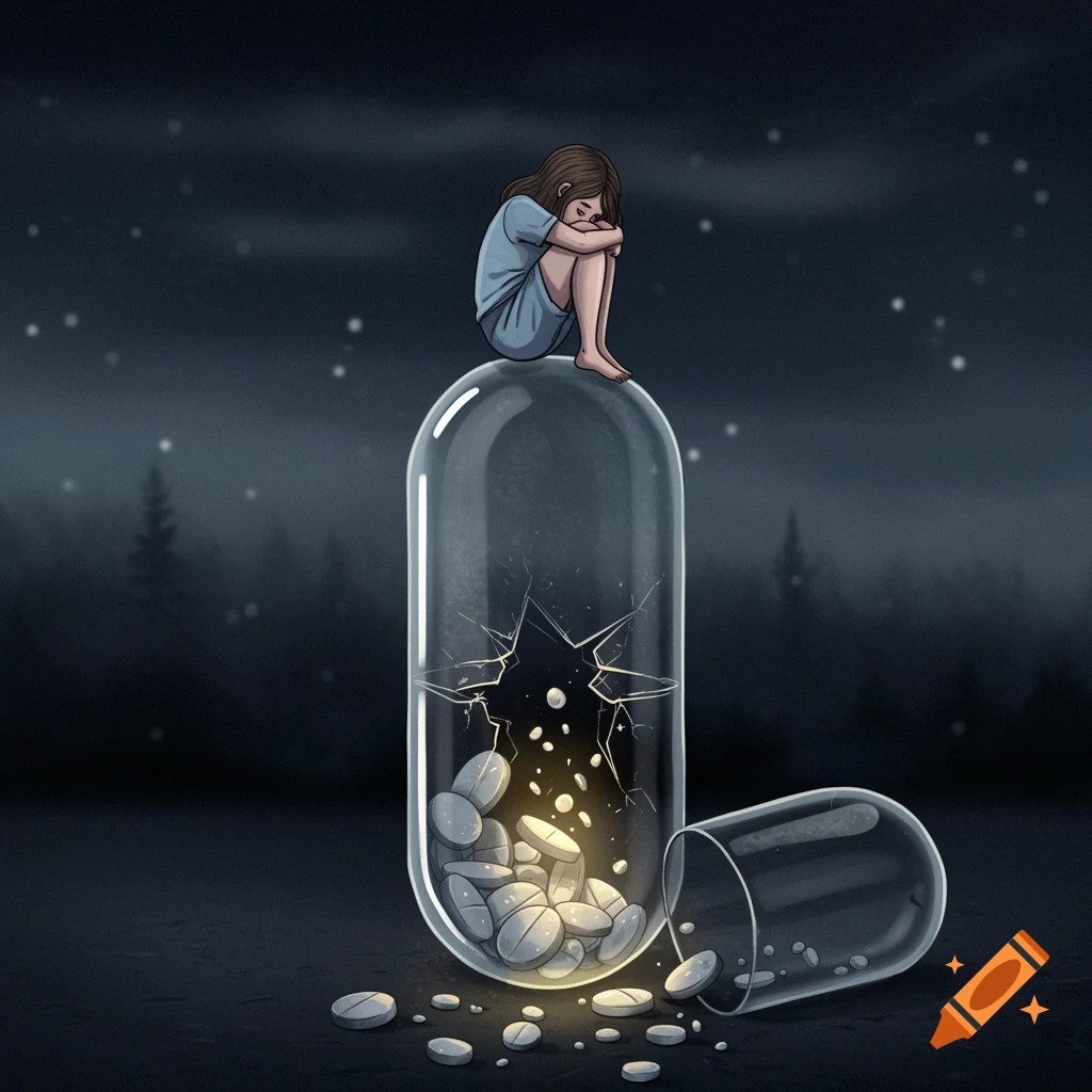 Illustration of a sad girl sitting on a broken pill capsule spilling light and pills against a dark, starry night.