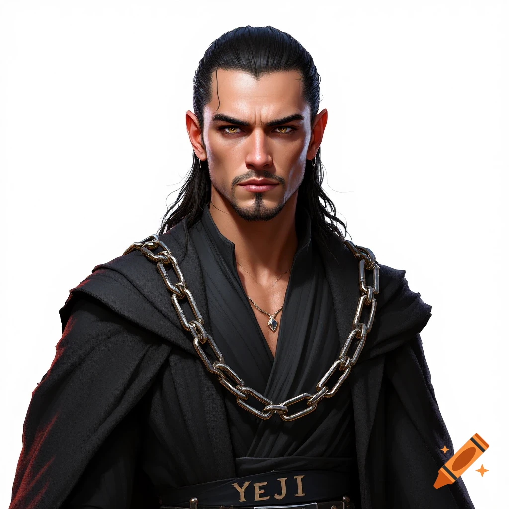Portrait of a man with long black hair, goatee, dark clothes, and a large chain.
