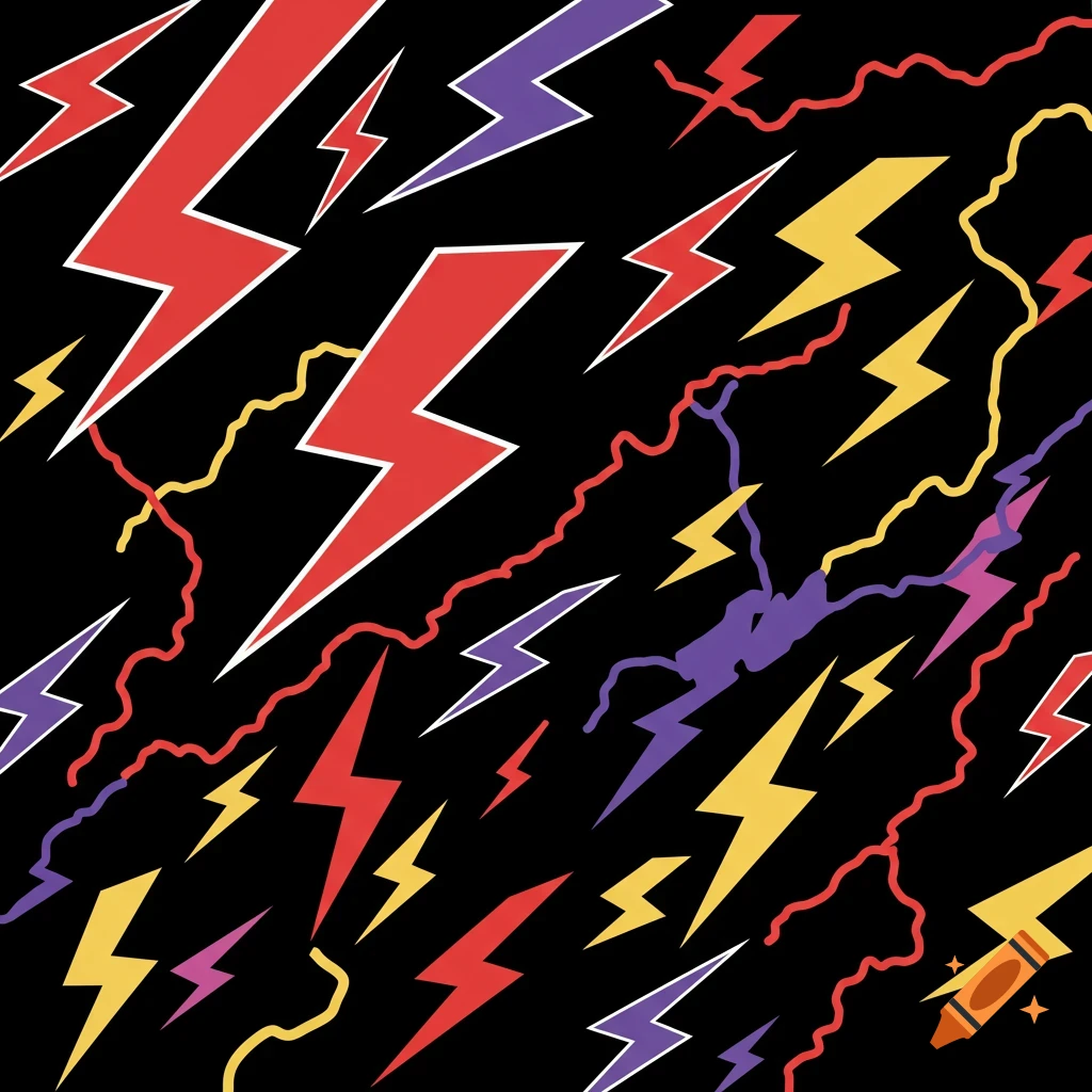 A pattern of red, yellow, and purple lightning bolts and wavy lines on a black background in vector art style.