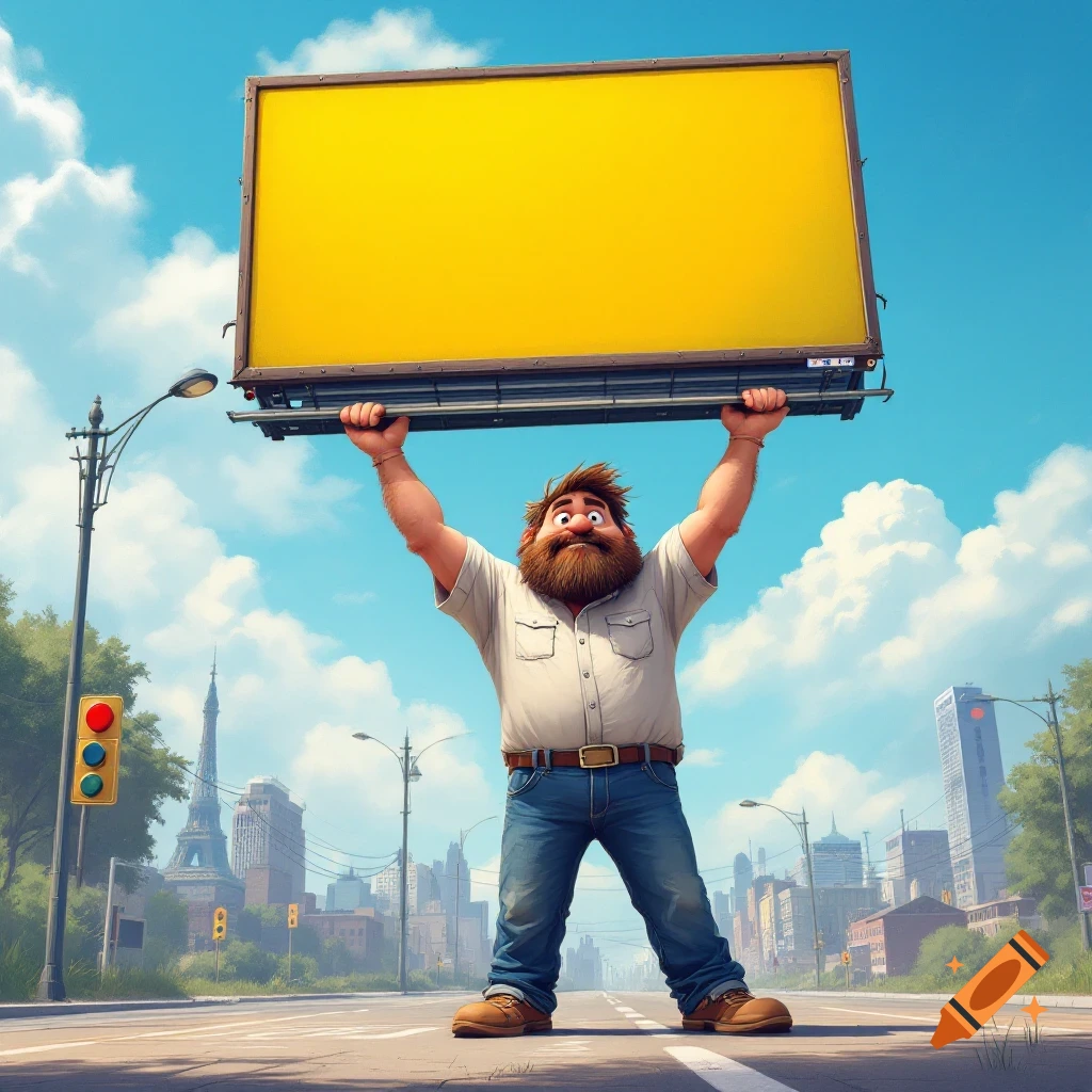 A cartoon man resembling Kevin from Up holds a large blank yellow billboard above his head in a city street.