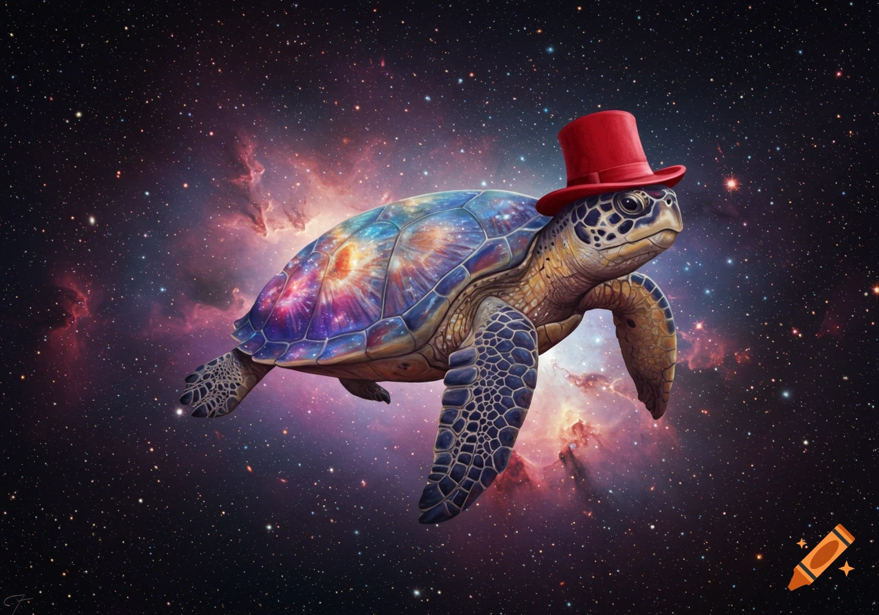 A turtle wearing a red hat floating in space among stars and nebulas.