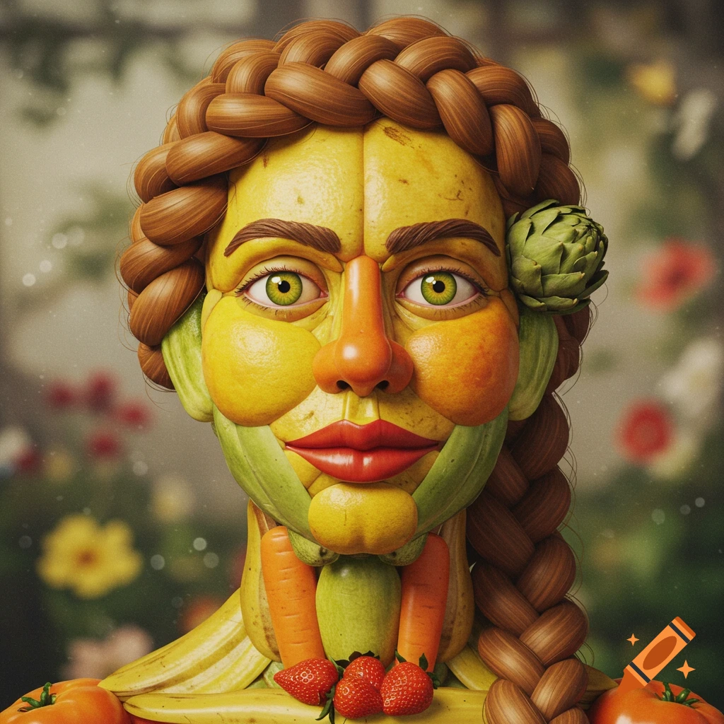 A portrait of a person's head made of fruits and vegetables, in the style of Arcimboldo.