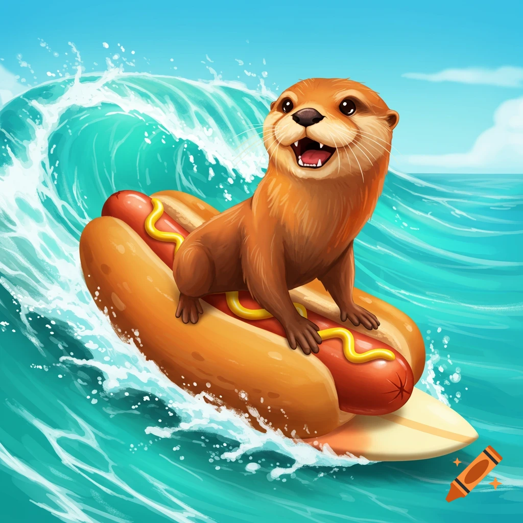 A happy otter surfing on a hot dog on a large ocean wave.