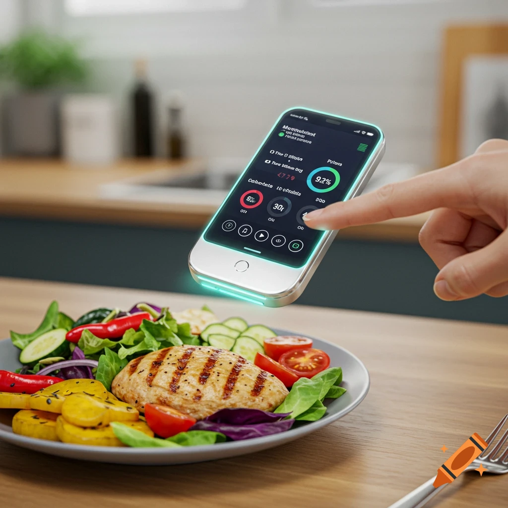Hand points at floating smartphone over plate of grilled chicken & salad displaying nutrition data. Photorealistic style.