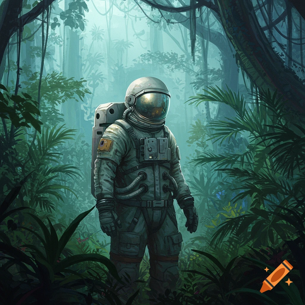 An astronaut standing in a jungle