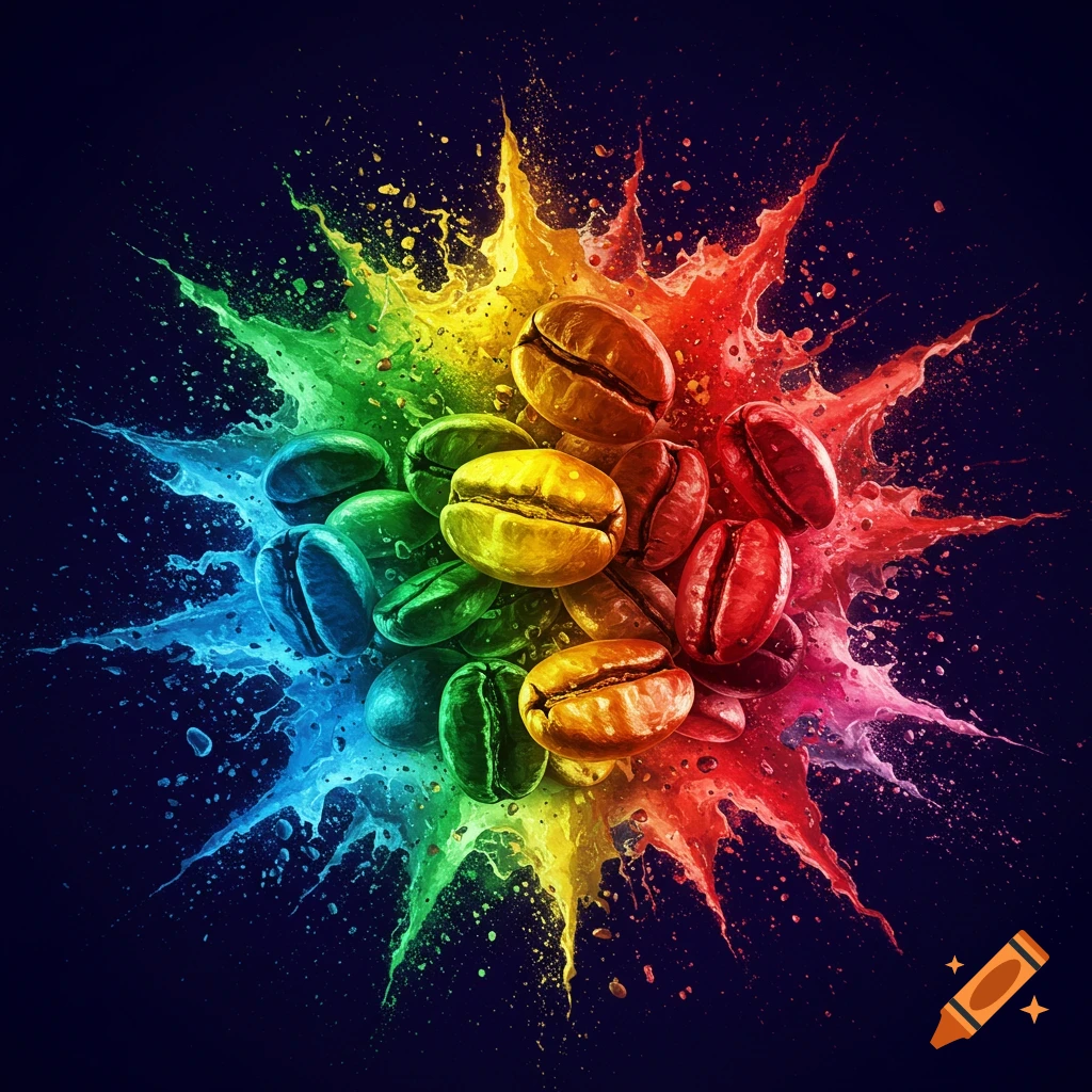 Colorful coffee beans exploding with paint splashes on a dark background.