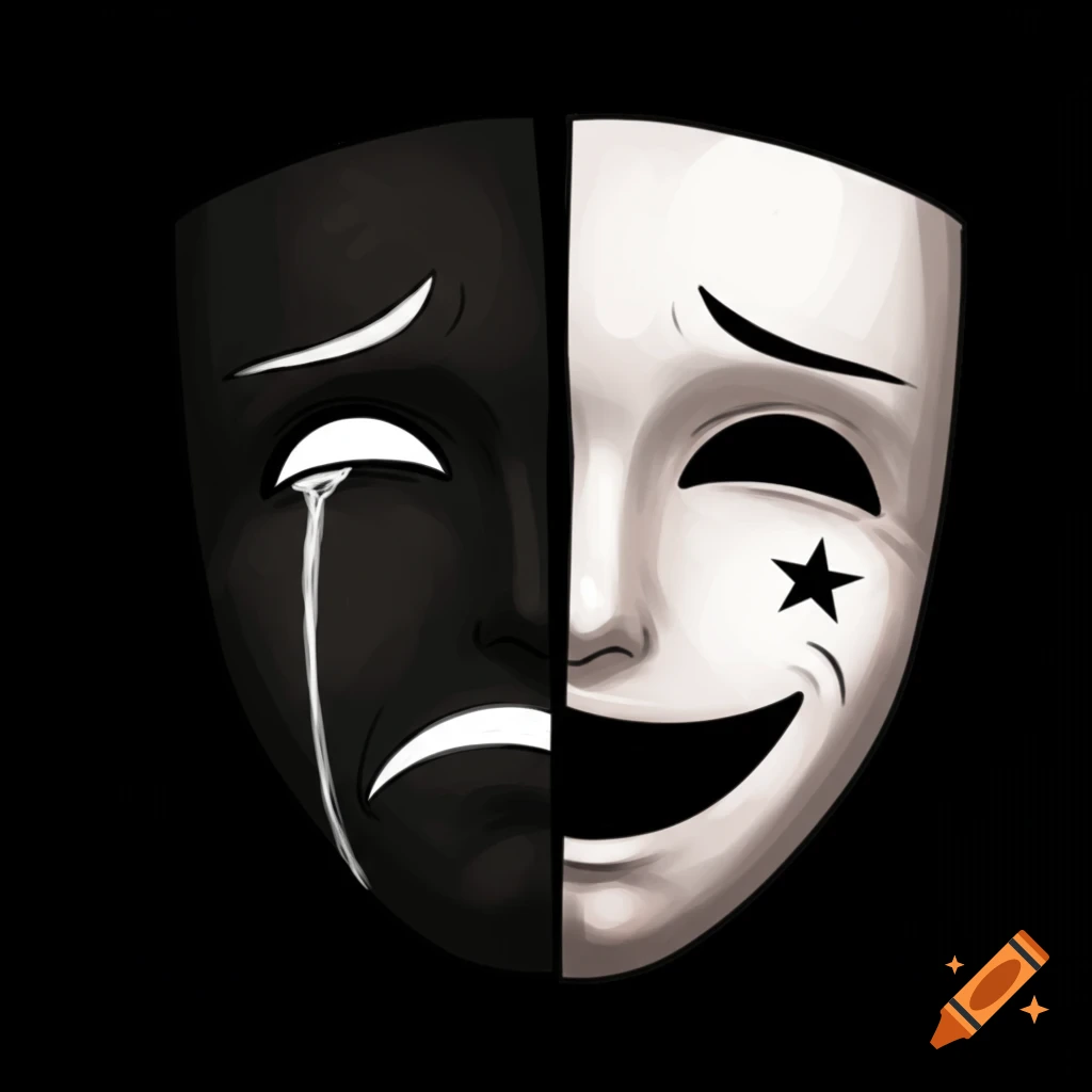 A theater mask split down the middle. The left side is black with a crying face, the right side is white with a smiling face and a star.