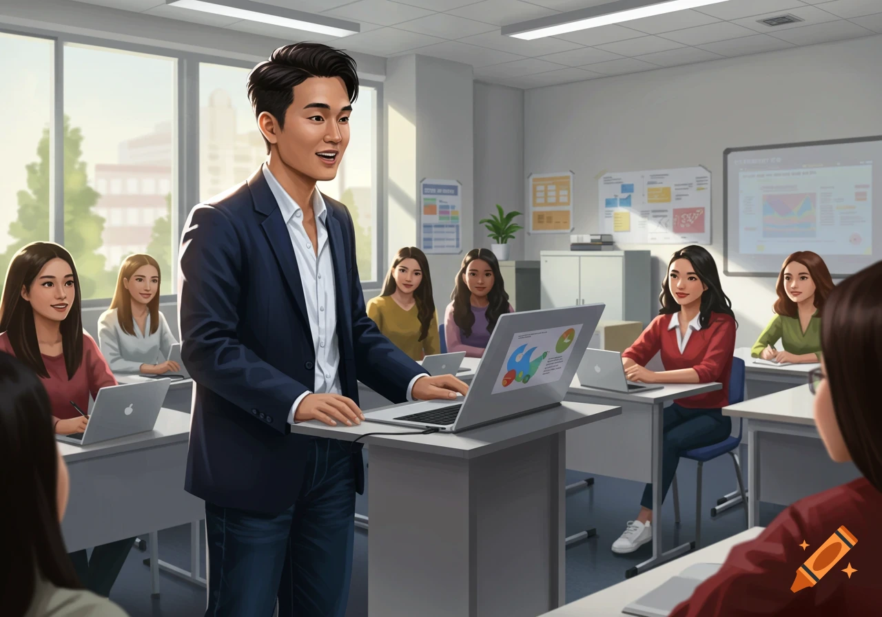 A man giving a presentation to students in a classroom.